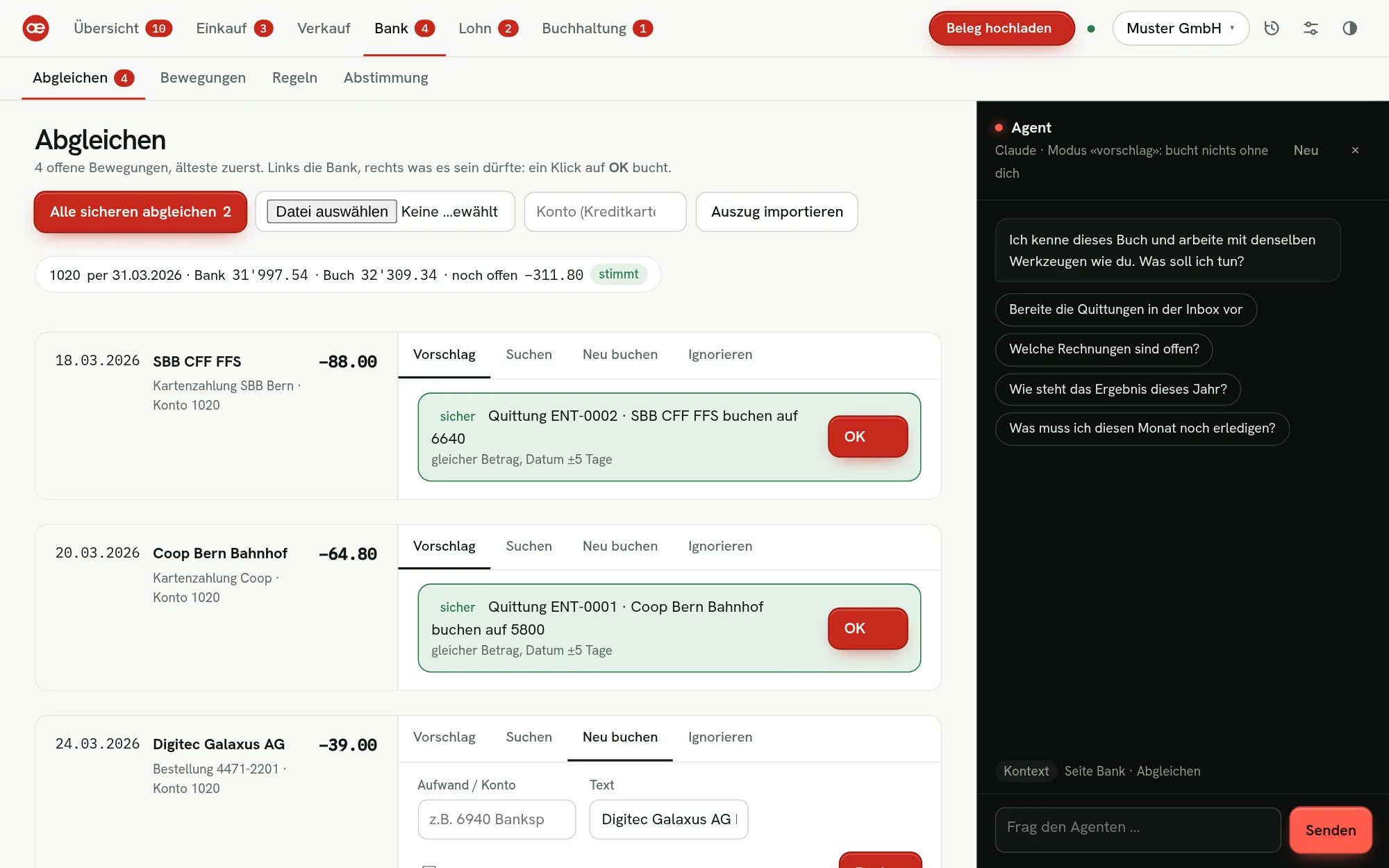 aeradex Bank › Abgleichen: offene Bankbewegungen mit sicheren Vorschlägen und OK-Knopf