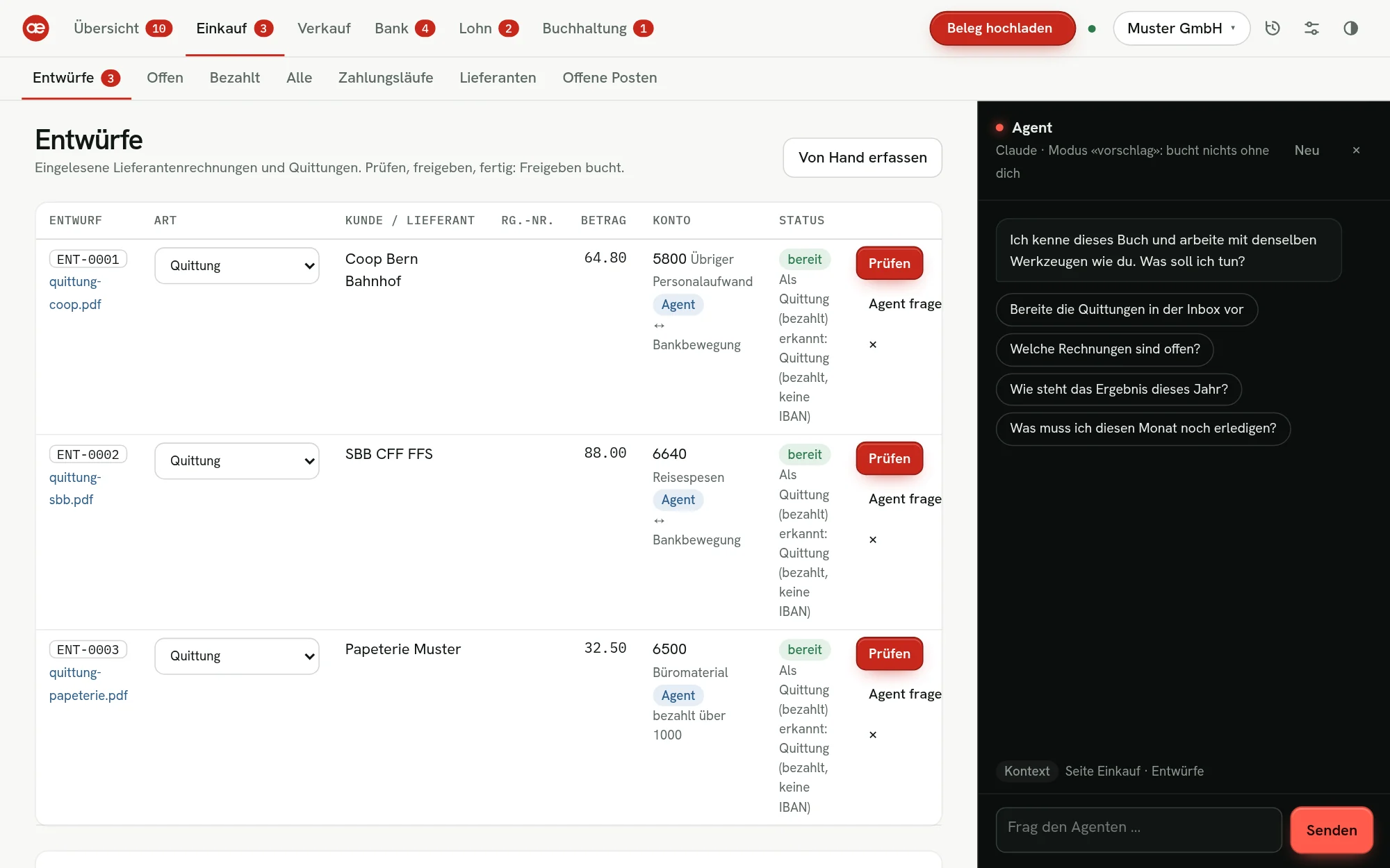 aeradex Einkauf › Entwürfe: drei Quittungen, vom Agenten kontiert, bereit zur Freigabe