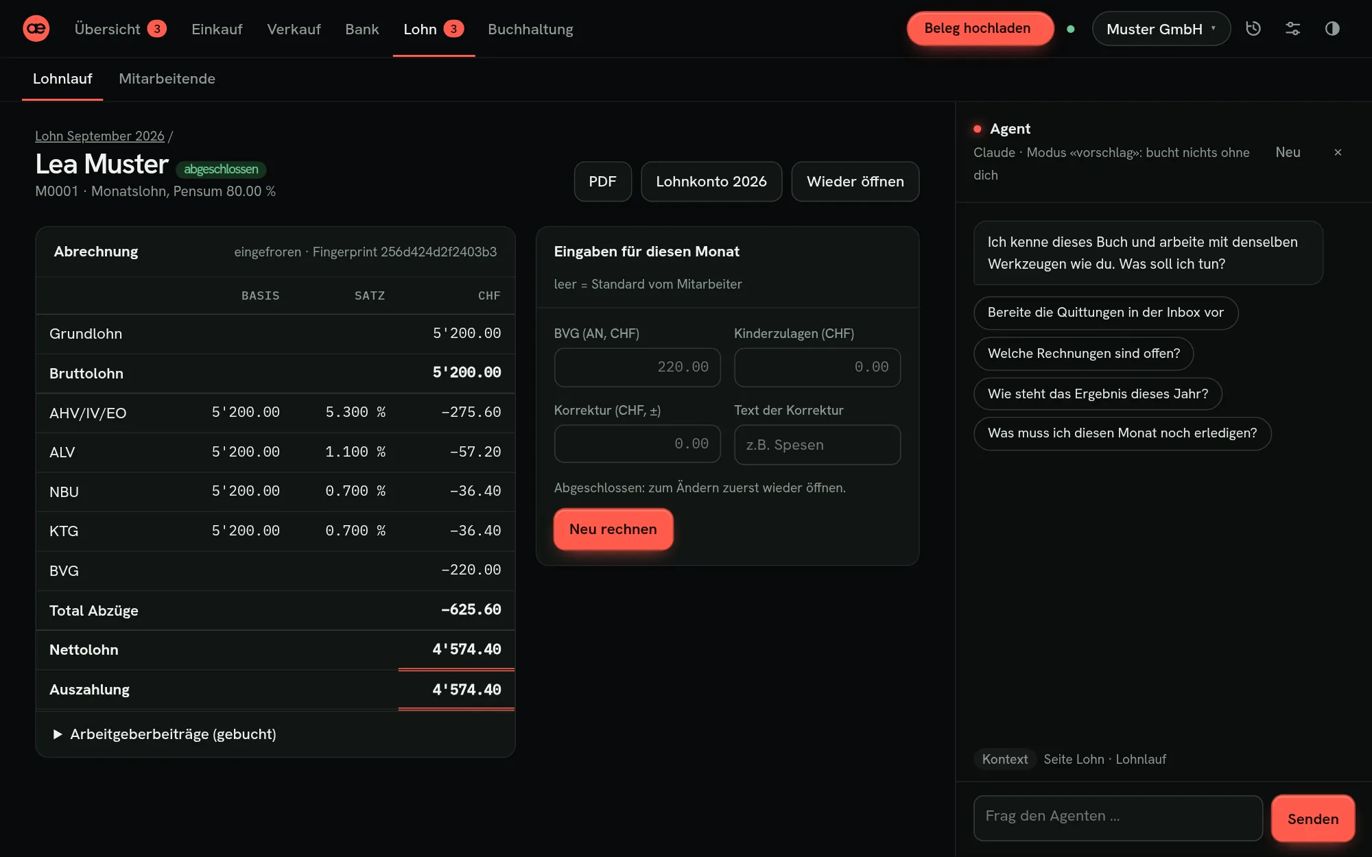 aeradex Lohn: Lohnabrechnung September mit AHV/IV/EO, ALV, NBU, KTG, BVG und Nettolohn