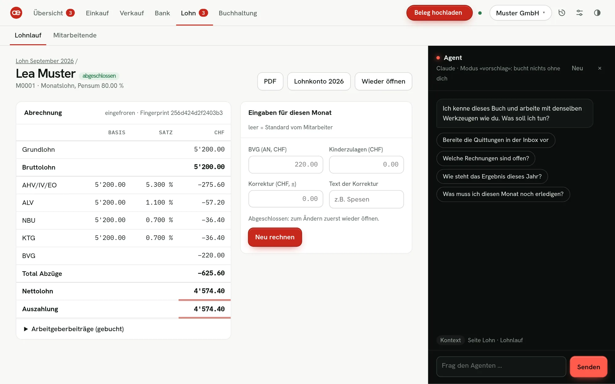 aeradex Lohn: Lohnabrechnung September mit AHV/IV/EO, ALV, NBU, KTG, BVG und Nettolohn
