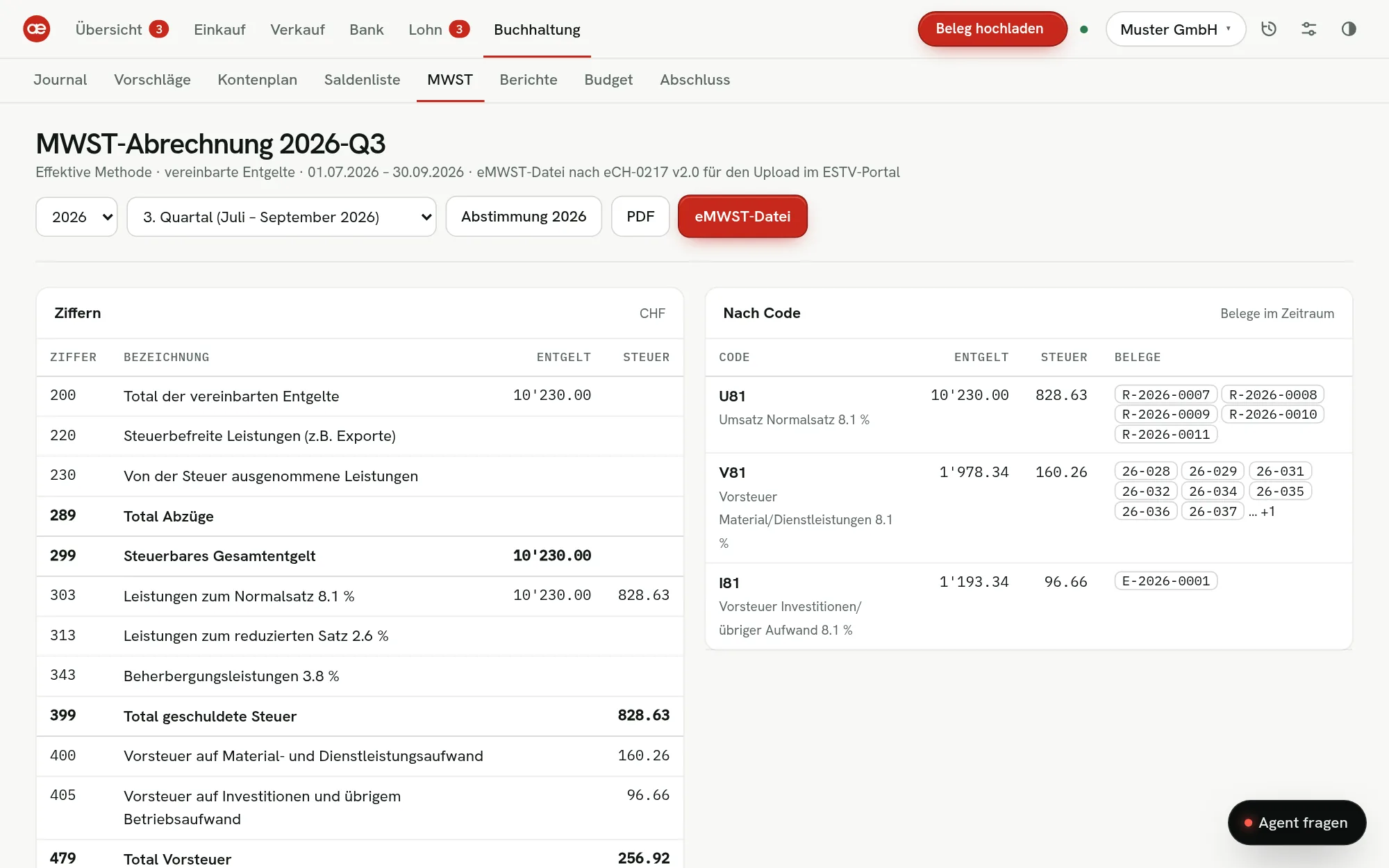 aeradex Buchhaltung › MWST: Abrechnung 3. Quartal nach ESTV-Ziffern mit Aufteilung nach Code und Belegen