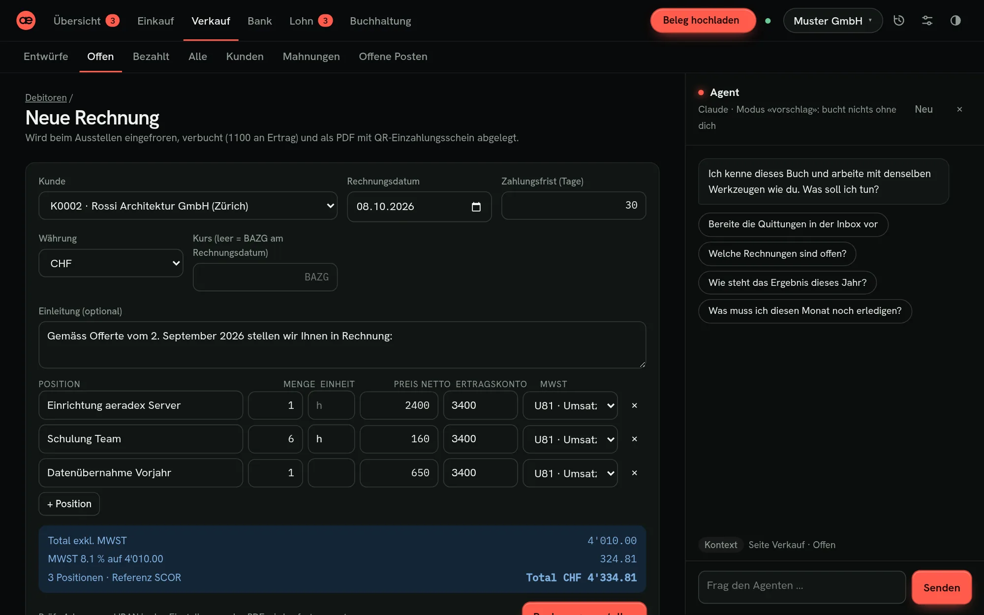 aeradex Verkauf › Neue Rechnung: drei Positionen, MWST 8.1 % und Total live berechnet